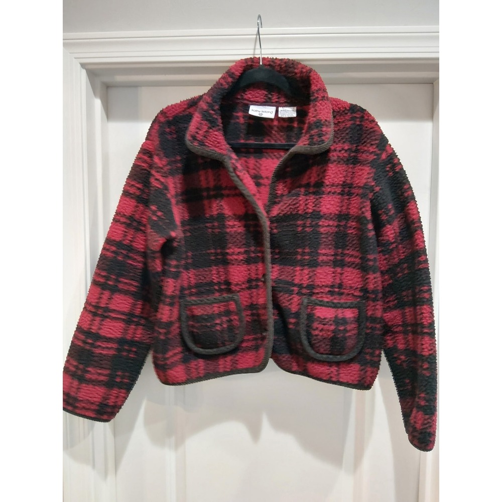 Kathy Ireland Womens Red Black Plaid‎ Fleece Eclectic Jacket Size Medium Pockets
